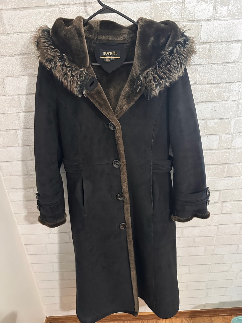 Novelli Faux-Shearling Trim Long Trench Coat in Dark Brown